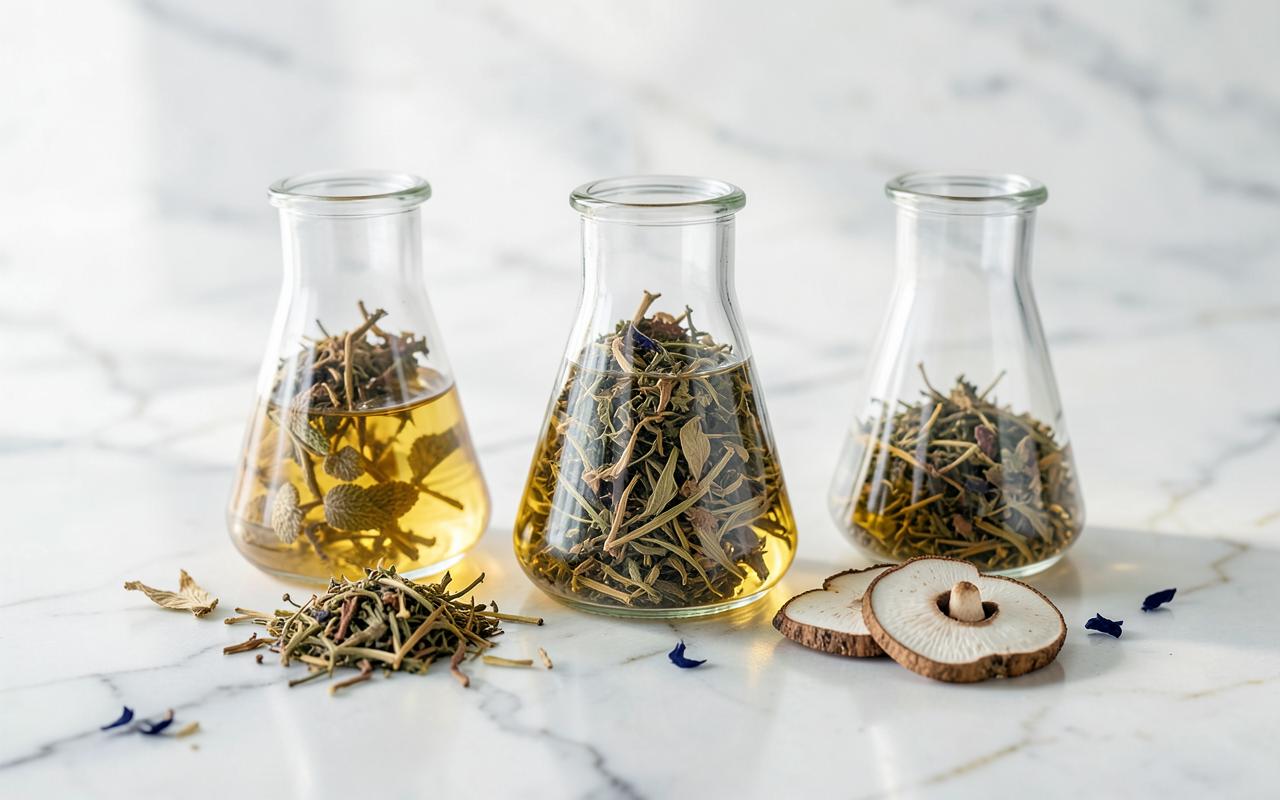 Botanical extracts, dried herbs and mushroom slices in glass beakers on a marble surface