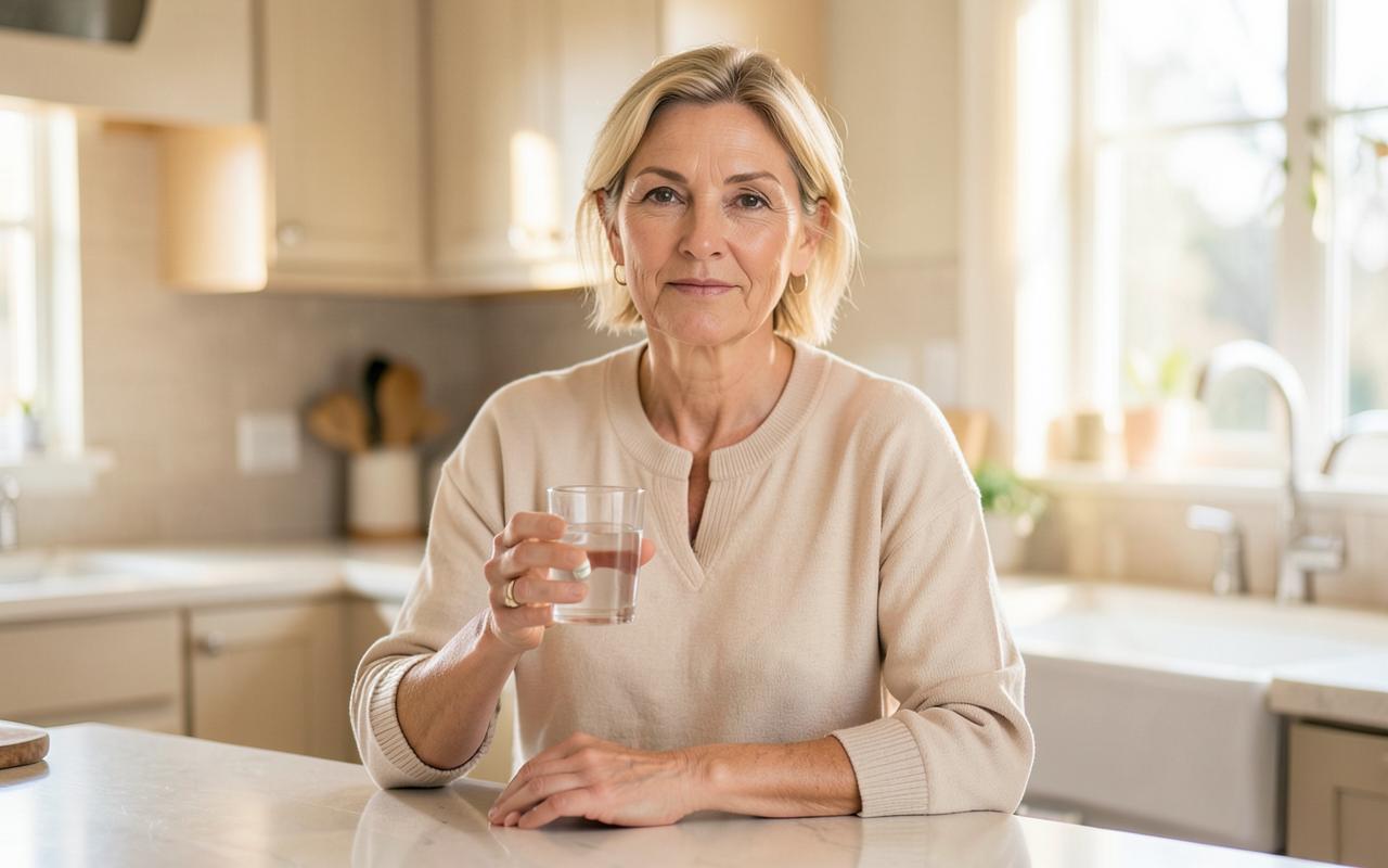 Woman taking a capsule with a glass of water at a sunlit kitchen counter
