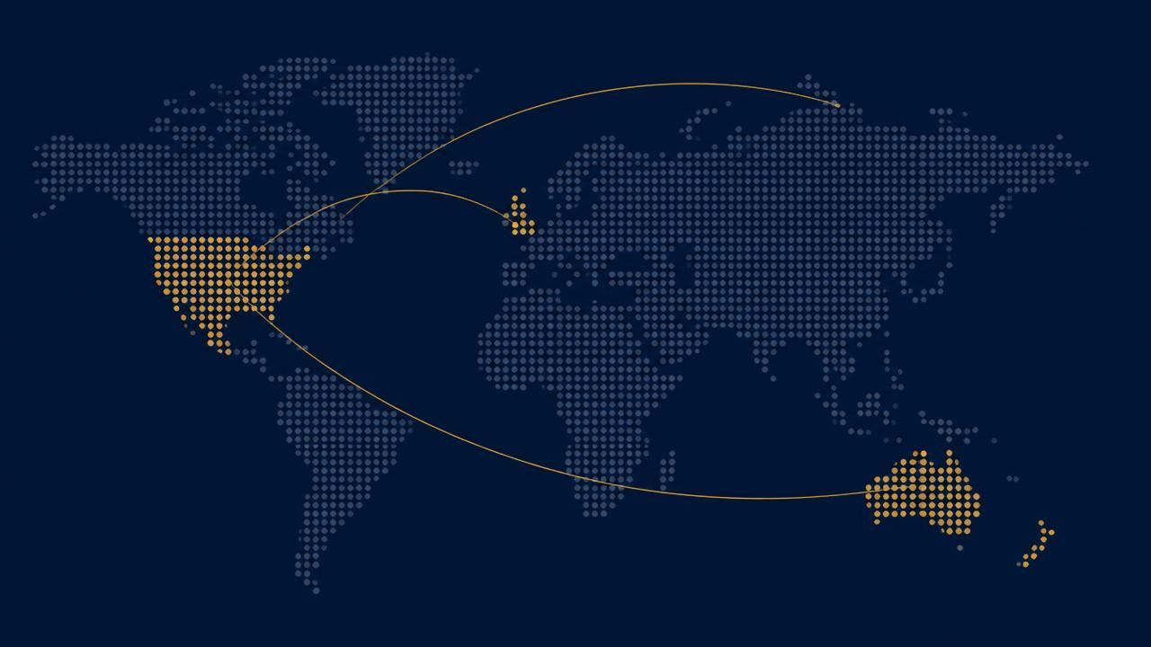 Dotted world map highlighting the United States, Canada, British Isles, Australia and New Zealand